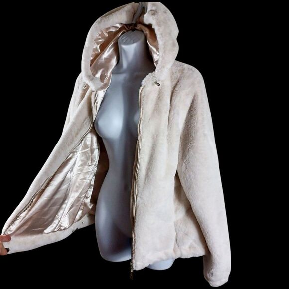 JouJou Women's M Cream Faux Fur Zip Hoodie Jacket Satin Lined Cozy Winter Coat - Picture 5 of 10